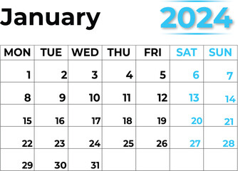 January 2024 calendar  with clean look