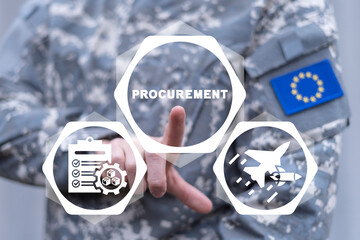 Soldier with emblem of European Union using virtual touchscreen presses text button: PROCUREMENT....