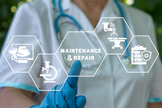 Doctor or nurse using virtual touch screen presses inscription: MAINTENANCE AND REPAIR. Maintenance and repair in healthacre concept with icons about assistance and servicing of equipments.