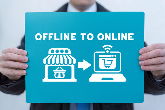 Businessman holding turquoise nameplate banner with icons and inscription: OFFLINE TO ONLINE. Transition from offline to online in commerce, retail, business, education. E-commerce.