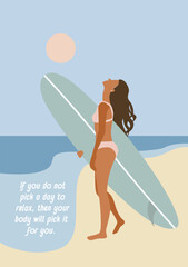 Woman holding surf board near the ocean standing on sand. Summer swimming art. - 596493121