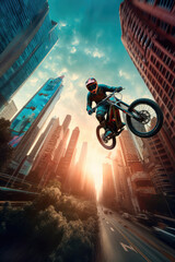 A high-tech bicycle with anti-gravity technology that proves it through the sky above a cityscape. Generative AI