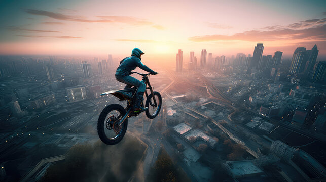 A high-tech bicycle with anti-gravity technology that proves it through the sky above a cityscape. Generative AI