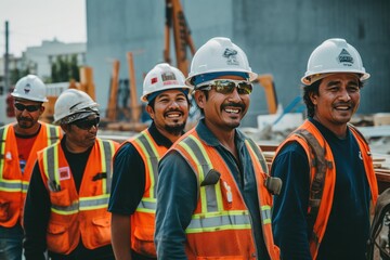 A group of diverse construction workers smiling at the camera