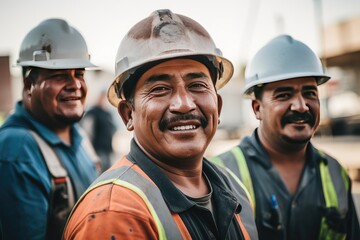 Team of construction workers in hard hats and safety vests smiling for the camera.