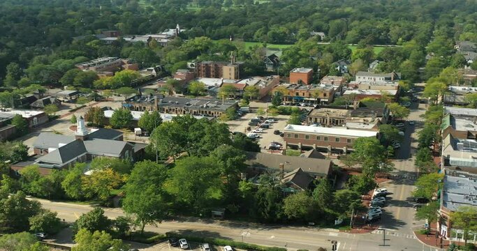Aerial view of downtown Glencoe, Illinois along the Lake Michigan shoreline.