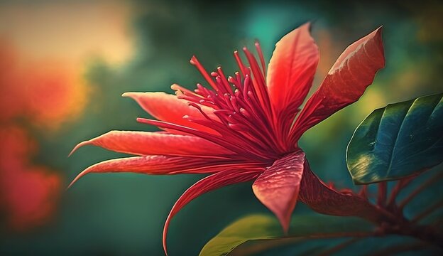 Stunning red tropical blossom against a hazy backdrop. Generative AI