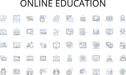 Online education line icons collection. Summer, Outdoors, Beach, BBQ, Hiking, Camping, Swimming vector and linear illustration. Boating,Fishing,Picnic outline signs set Generative AI