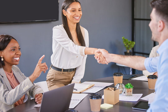 Youve been recognised for your sterling work. Shot of businesspeople shaking hands during a meeting in an office.