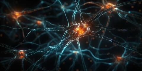 neuron cells with glowing in human brain synapses Generative AI - obrazy, fototapety, plakaty