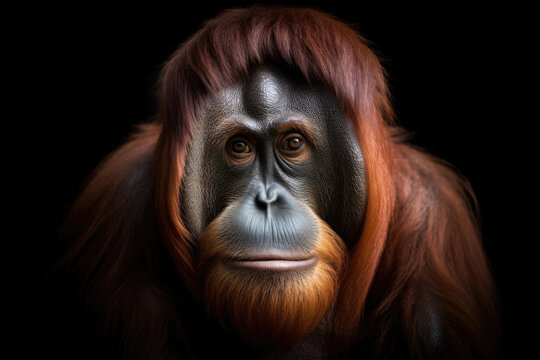 A portrait of a orangutan with a black background. AI generative image.