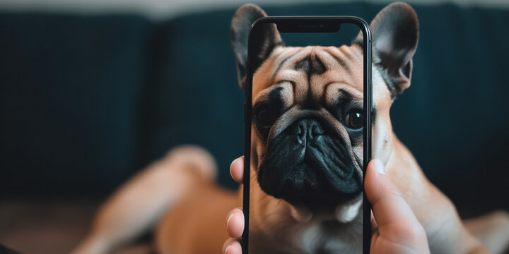 Curious dog on a screen phone. Man taking a photo with the camera of a smartphone. Shooting a picture of her pet with a mobile phone.
