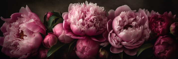 A peony banner with cascading shades of pink flowers in a romantic and ethereal style. AI-generated image - obrazy, fototapety, plakaty
