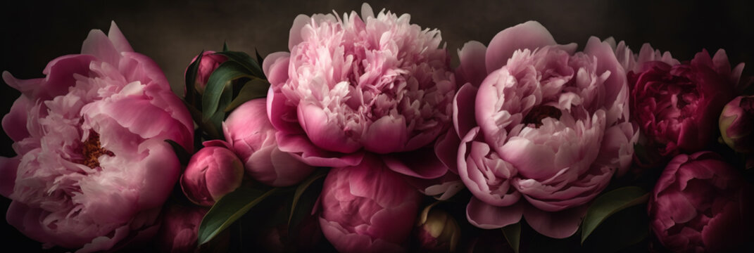 A peony banner with cascading shades of pink flowers in a romantic and ethereal style. AI-generated image