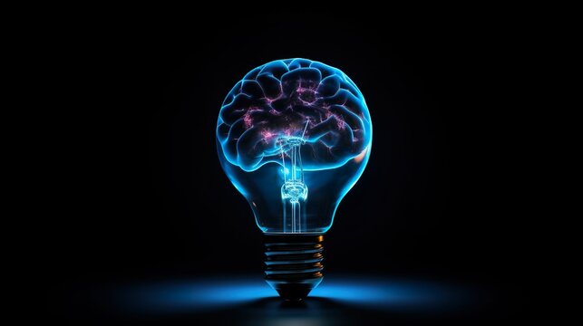 brain in Light bulb for inspiration, future, solutions, neon colors, dark background Generative AI