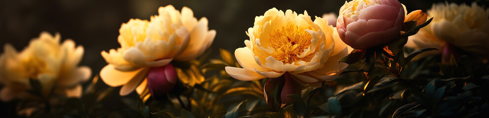 A peony banner with cascading shades of yellow flowers in a romantic and dreamy style. AI-generated image