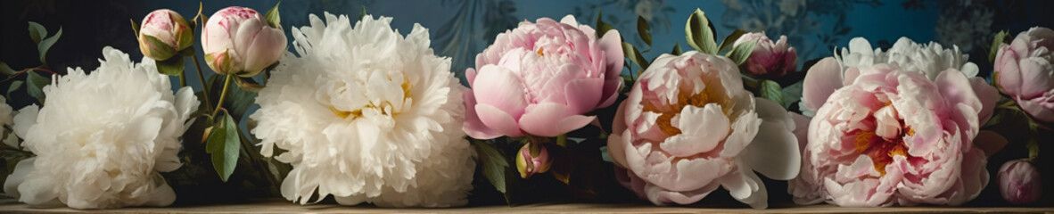 Beautiful Peony flower banner with soft pink and white blooms. The background is a muted gray-blue, with subtle green leaves and stems intertwining among the flowers.