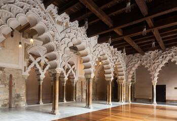 Empty interiors of fortified medieval Aljaferia Palace in Zaragoza, Spain