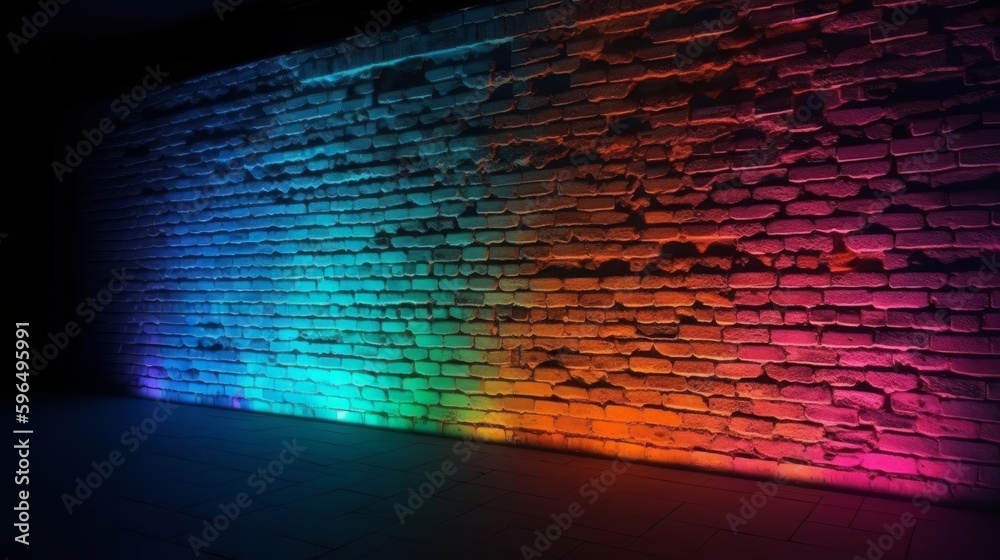 Poster abstract background brick wall with neon light. generative ai
