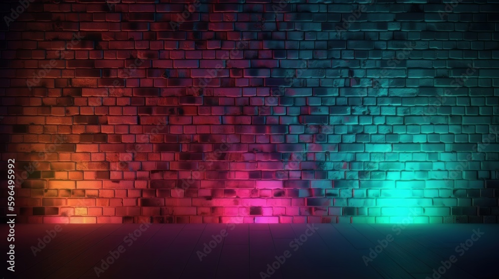Poster abstract background brick wall with neon light. generative ai