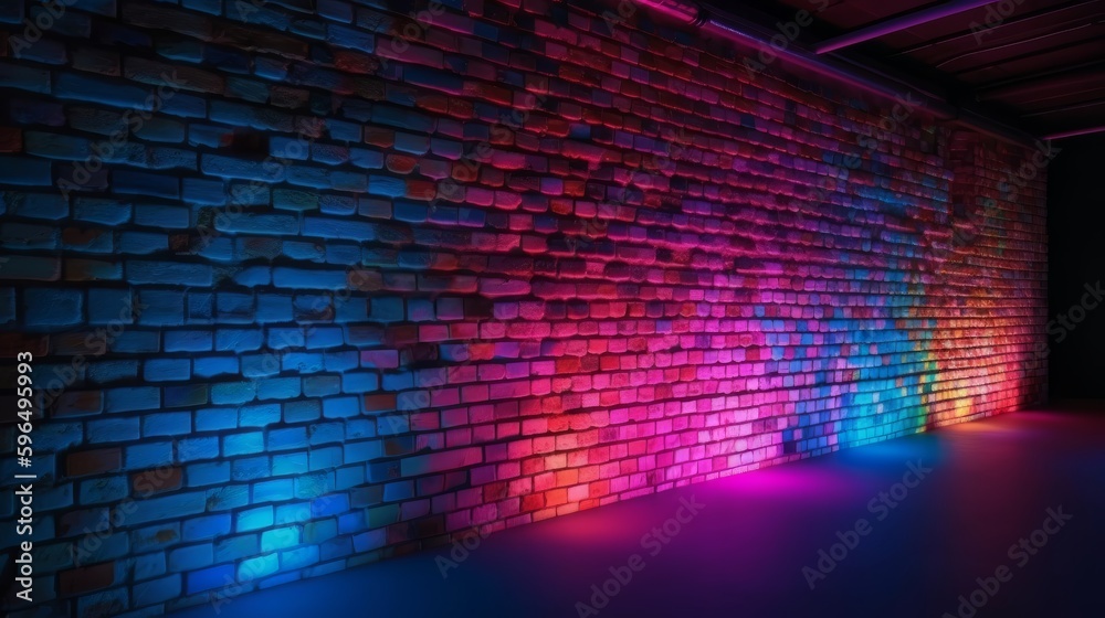 Poster abstract background brick wall with neon light. generative ai