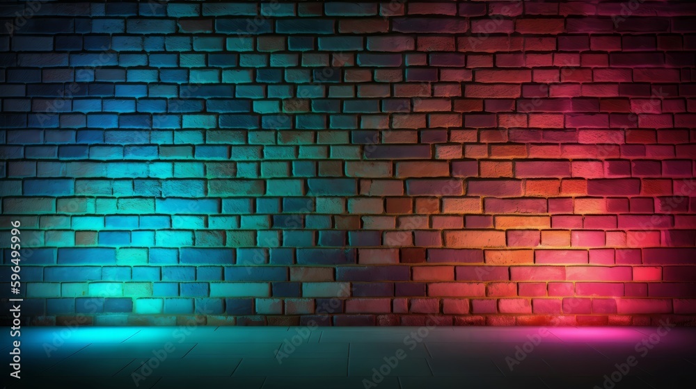 Poster abstract background brick wall with neon light. generative ai