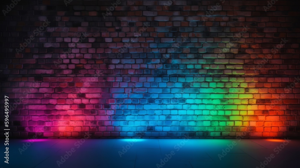 Poster abstract background brick wall with neon light. generative ai