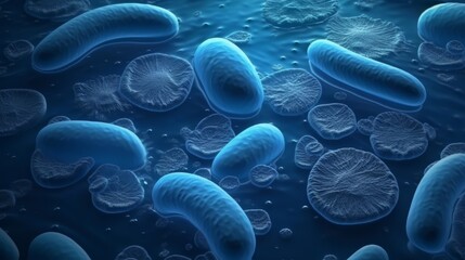 Blue Bacteria Cells Microscopic Size Illustration. Generative ai