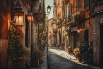 Fototapeta na wymiar Watercolor of an Italian street with lanterns. Generative AI
