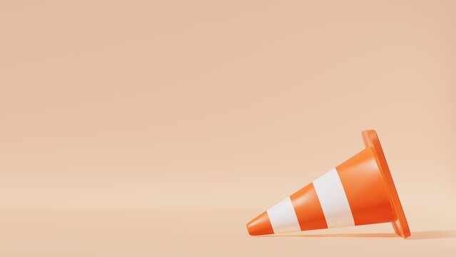 Fallen traffic cone on orange stage, isolated element, 3d rendering