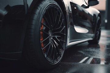 Fototapeta na wymiar Close-up of black sports car front wheel with light alloy rim. Generative AI