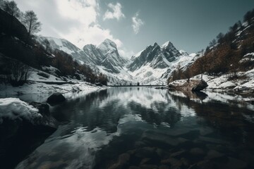 Artwork depicting a snow-capped mountain lake. Generative AI