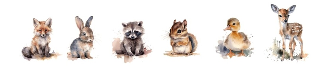 Forest Friends: Adorable Watercolor Art of Woodland Baby Animals Perfect for Crafting and More. Generative AI.