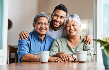 We start our mornings off right. Shot of a young son spending time with his parents at home.