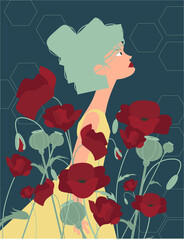 Mujer en dibujo vectorial entre amapolas.