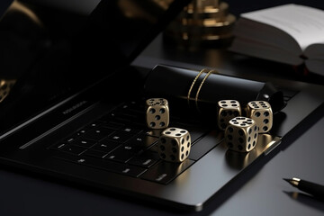 Fototapeta na wymiar cards and dices, poker, stacking on a laptop gold black d render Generative AI