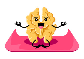 Cartoon walnut character on yoga or fitness sport. Vector happy funny nut personage sitting on mat in lotus asana meditation pose. Zen class, health care and mind balance, comic seed yogi practice