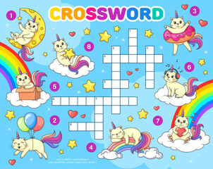 Crossword quiz game grid. Cartoon funny caticorn cats on rainbow. Vector cross word puzzle worksheet for kids with funny unicorn kittens with moon, balloons, donut and box. Heart, headphones, or stars