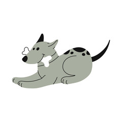 Cute dog doodle with bone in mouth, funny puppy. Vector pet animal cartoon character, funny pet animal, canine adorable dog portrait