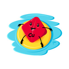 Cartoon copper or cuprum micronutrient character on floater ring. Vector Cu nutritious element capsule personage relax on tropical ocean beach or pool, tanning and relaxing during summer vacation