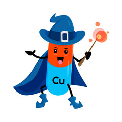 Cartoon cuprum or copper micronutrient mineral mage character. Isolated vector Cu wizard warlock nutrient capsule personage wear witch hat and cloak holding wand. Funny supplement sorcerer personage