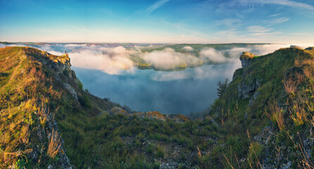 fog in the canyon. Autumn morning in the Dnister river valley. Nature of Ukraine