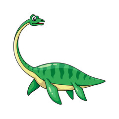 Cartoon elasmosaurus dinosaur character. Isolated vector plesiosaur of late cretaceous period, underwater vertebrate carnivore reptile with green skin and flippers. Long-necked palaeontology animal