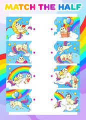 Match the half of cartoon funny caticorn cats on rainbow. Vector matching game worksheet with cute kawaii kitten unicorn, funny fantasy animals. Connect correct pieces riddle for children cognition