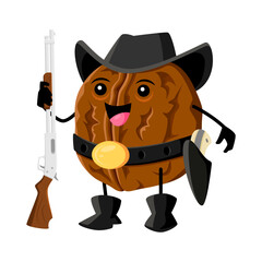 Cartoon walnut nut ranger or cowboy character. Vector unpeeled robber or bandit nut with rifle gun. Wild west hero wear hat, belt or boots hold weapon. Western healthy food personage, horseman vitamin