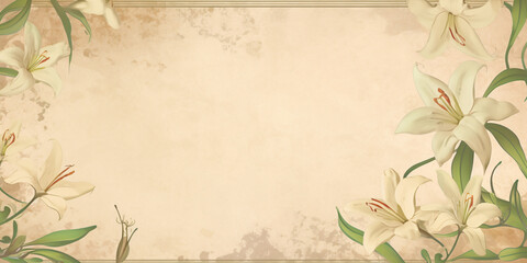 white lily border floral frame, vintage parchment background for copy space, design, paper, card