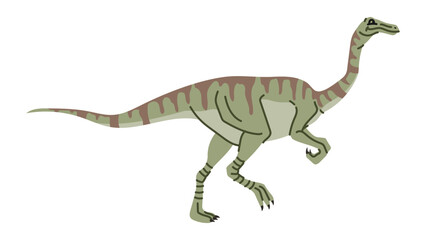 Green childish dino, animal with stripes on back, cartoon dinosaur character. Vector Baryonyx dinosaur, kids baby toy, reptile
