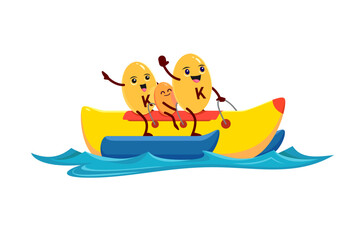 Cartoon vitamin K characters on banana water. Vitamin, micronutrient capsule or food supplement pill cute vector family personages. Healthy nutrition mineral dragee happy mascots on summer vacation