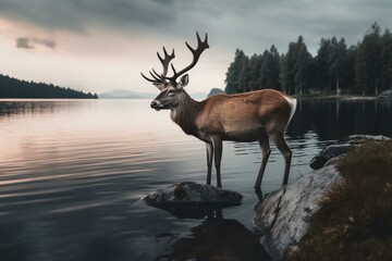 A deer with thunder antlers standing on lake's shore. Generative AI