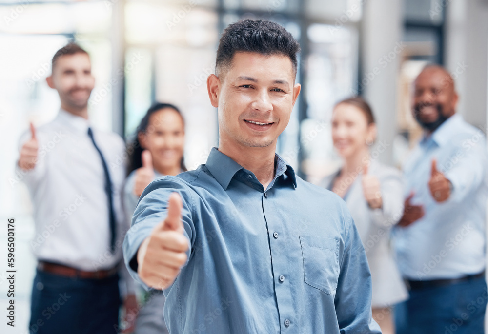 Poster weve got everything you need. shot of a group of businesspeople showing a thumbs up in an office at 